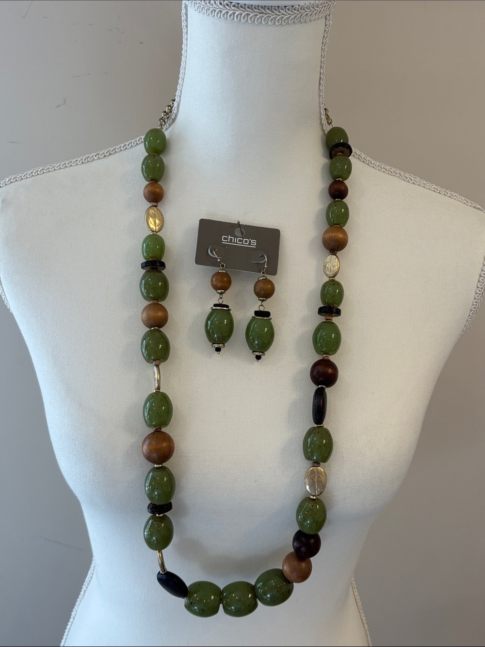 Chico's Green and Brown Beaded Necklace & Earring Set